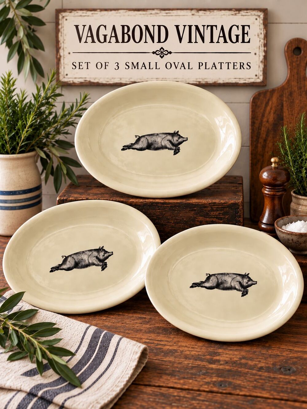 Vagabond Vintage Pig Serving Platters Set of 3 Oval Cream Ceramic Farmhouse